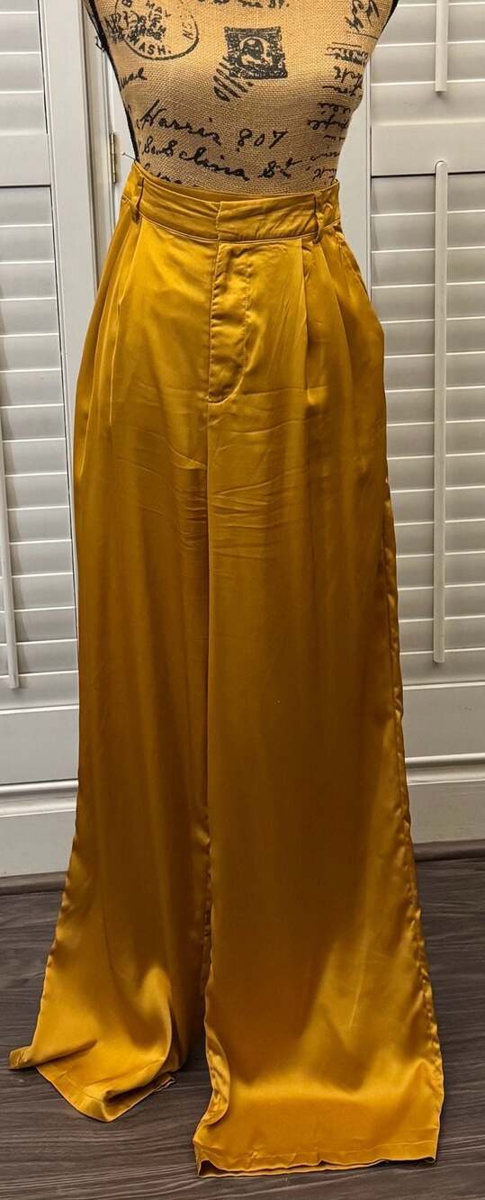 Fashion Nova Wide Leg Satin Trousers in Cumin